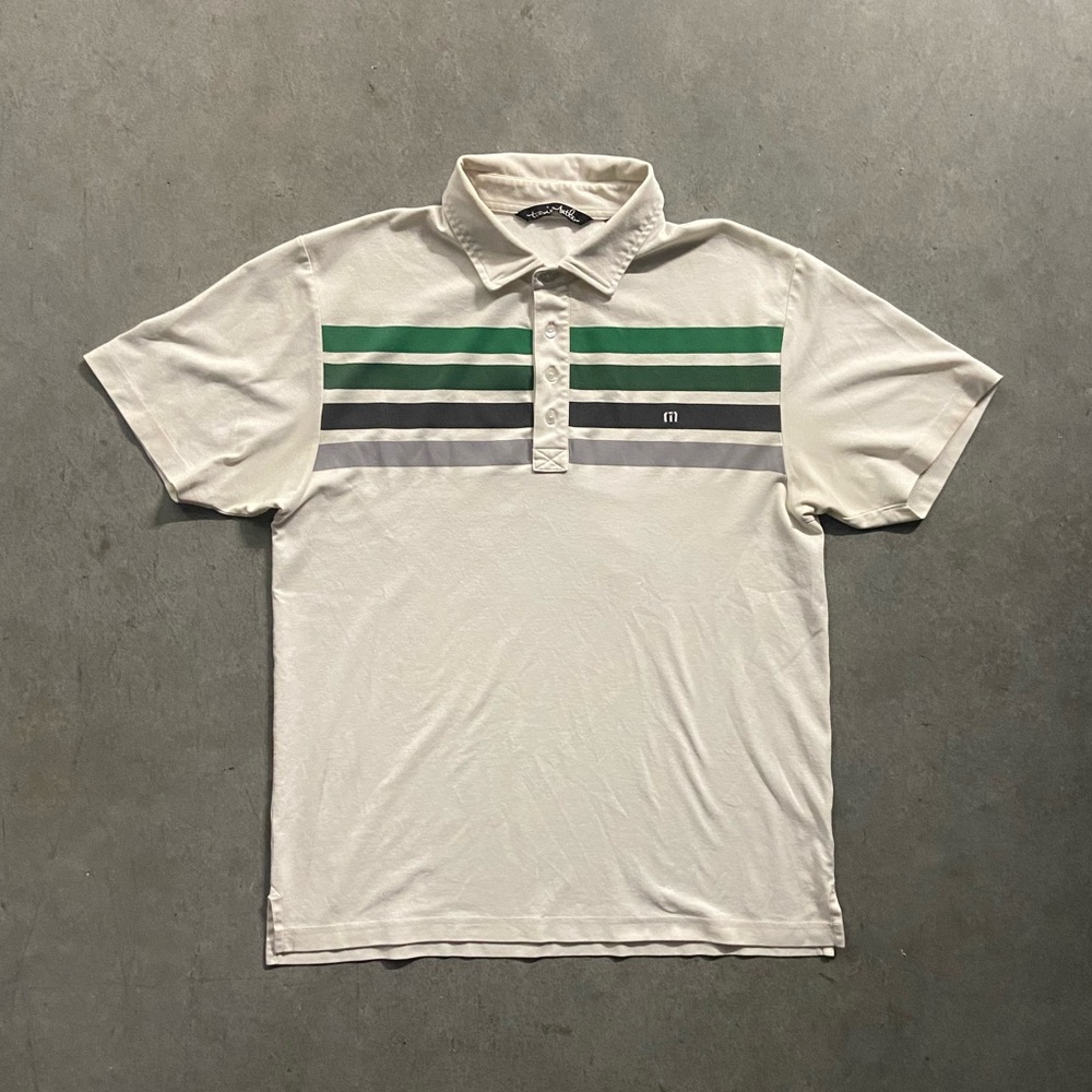 Travis Mathew White Polo with Green and Gray Stripes